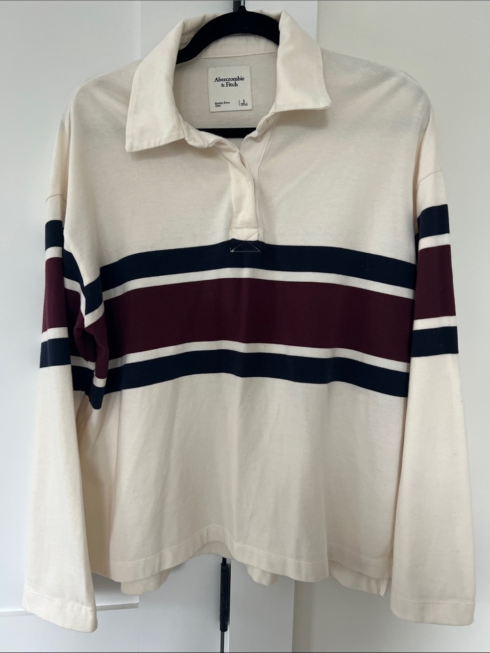 Abercrombie & Fitch Cream Rugby Stripe Long Sleeve Polo with Navy & Burgundy